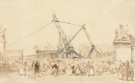 Charles-Louis Mozin - La mise en place de l\'obélisque sur la Place de la Concorde à Paris avec une foule regardant la scène