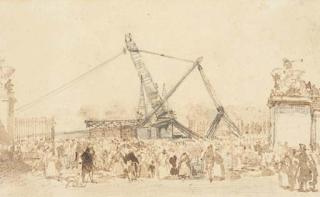 Charles-Louis Mozin - La mise en place de l\'obélisque sur la Place de la Concorde à Paris avec une foule regardant la scène