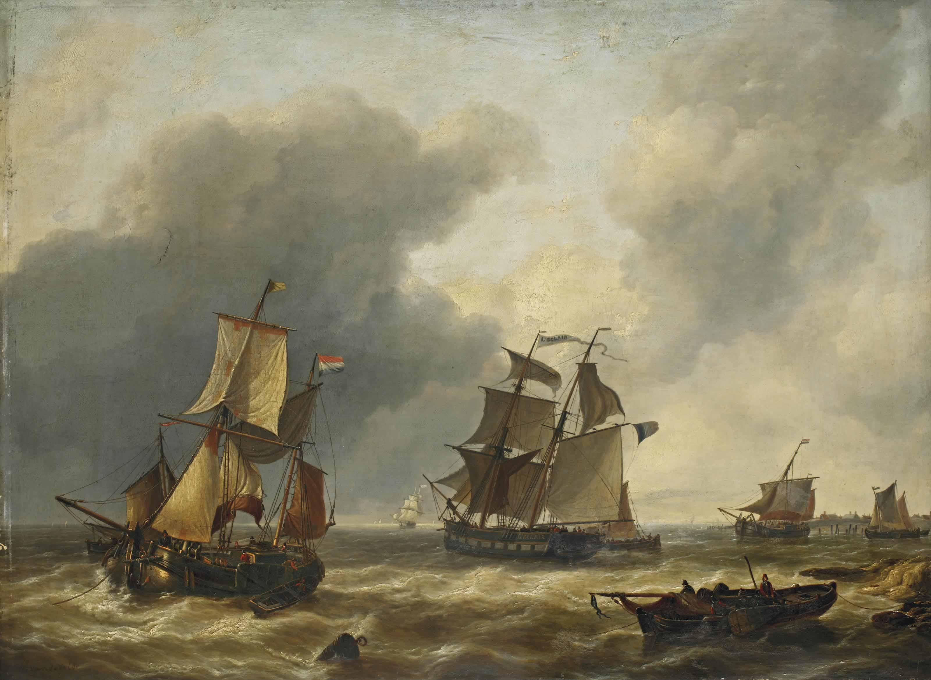 Charles Louis Verboeckhoven - The Ship \'L\'Eclair\' Together With Dutch Sailing Vessels At Sea, A Town In The Distance