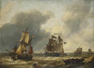Charles Louis Verboeckhoven - The Ship \'L\'Eclair\' Together With Dutch Sailing Vessels At Sea, A Town In The Distance