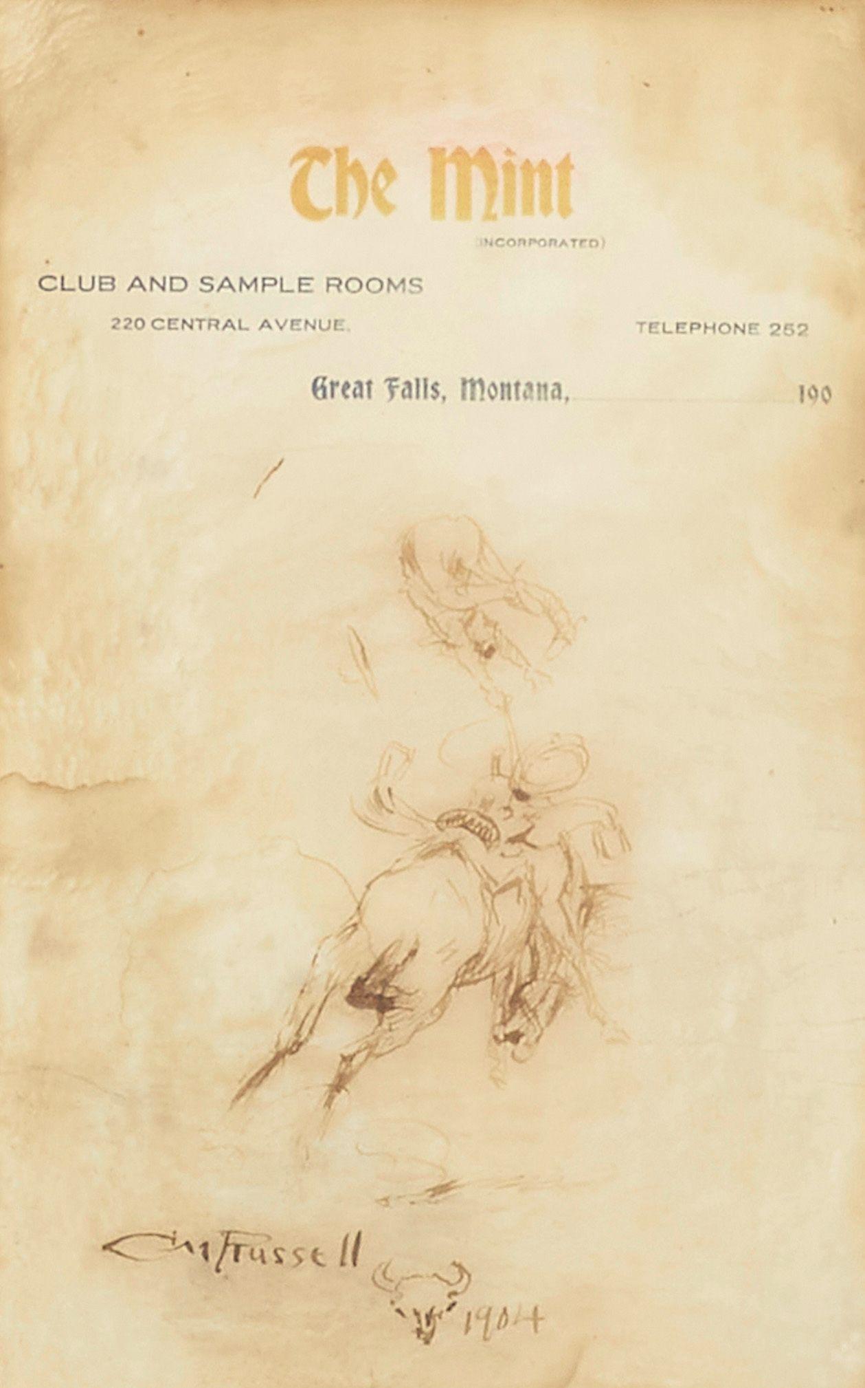 Charles Marion Russell - Bucking Horse and Rider sight 8 1/4 x 5 in. framed 17 x 11 in.