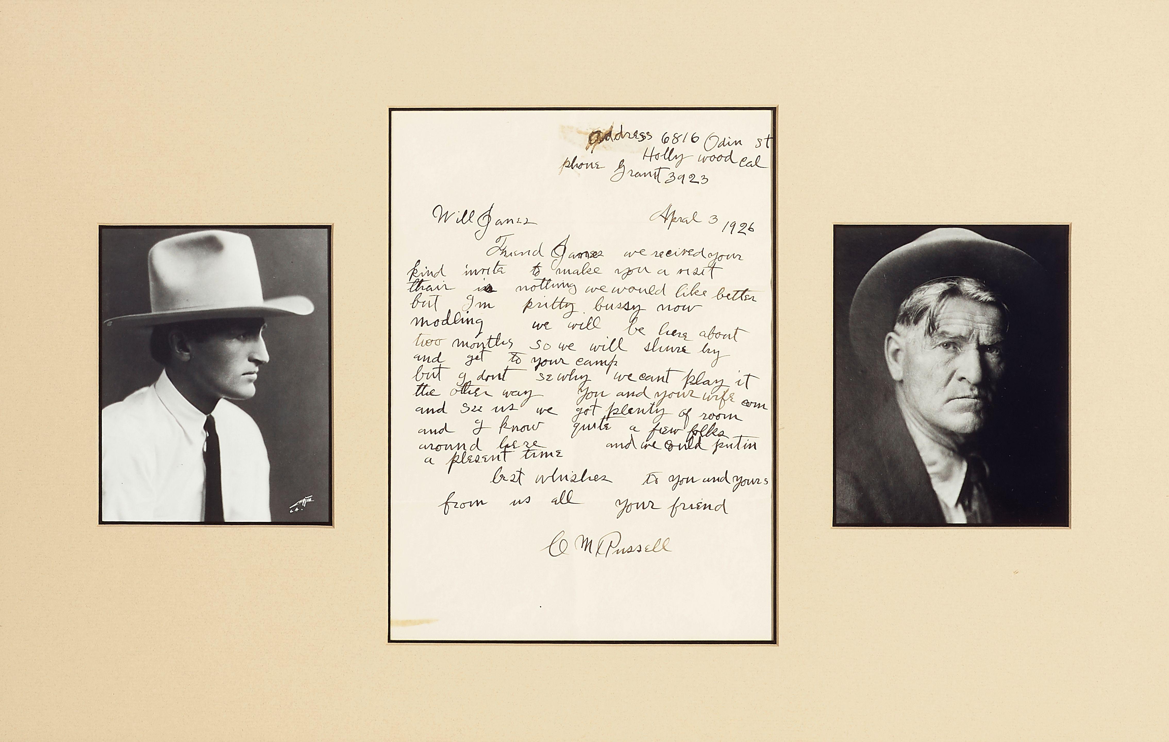 Charles Marion Russell - Letter to Will James sight 9 3/4 x 7 in. framed 16 x 24 in.