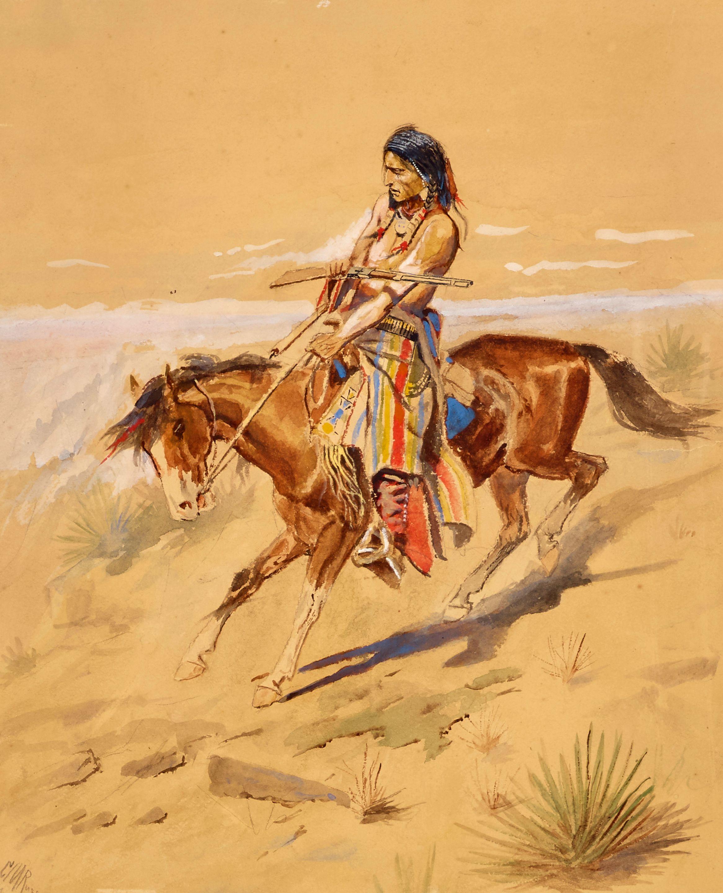 Charles Marion Russell - Native American figure on a horse sight 16 3/4 x 13 1/2 in. framed 26 x 22 1/2 in.