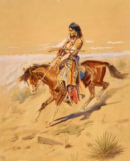 Charles Marion Russell - Native American figure on a horse sight 16 3/4 x 13 1/2 in. framed 26 x 22 1/2 in.