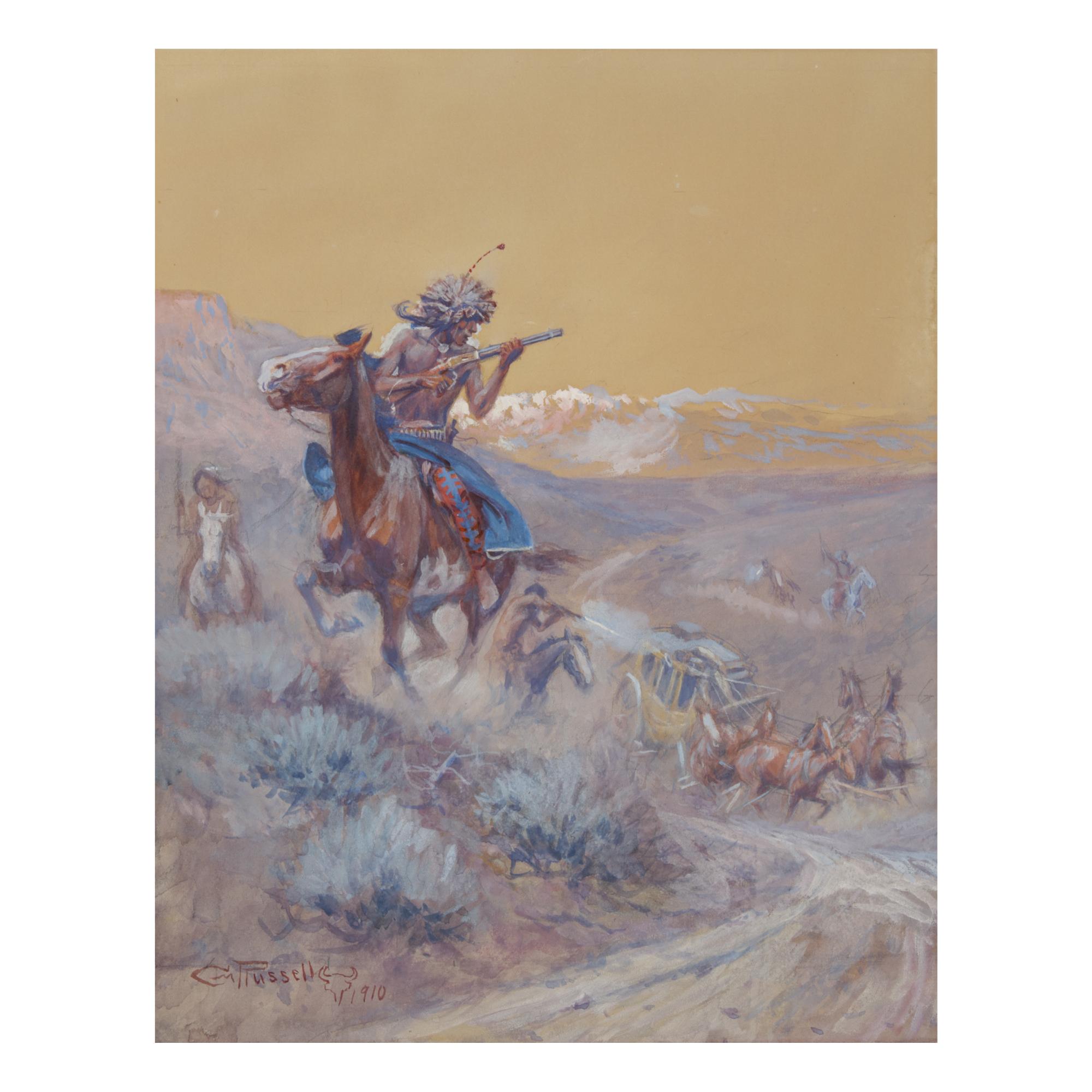 Charles Marion Russell - The Stage Ahead Of Us Had Been Attacked By Indians And Burned (Indian Attack)