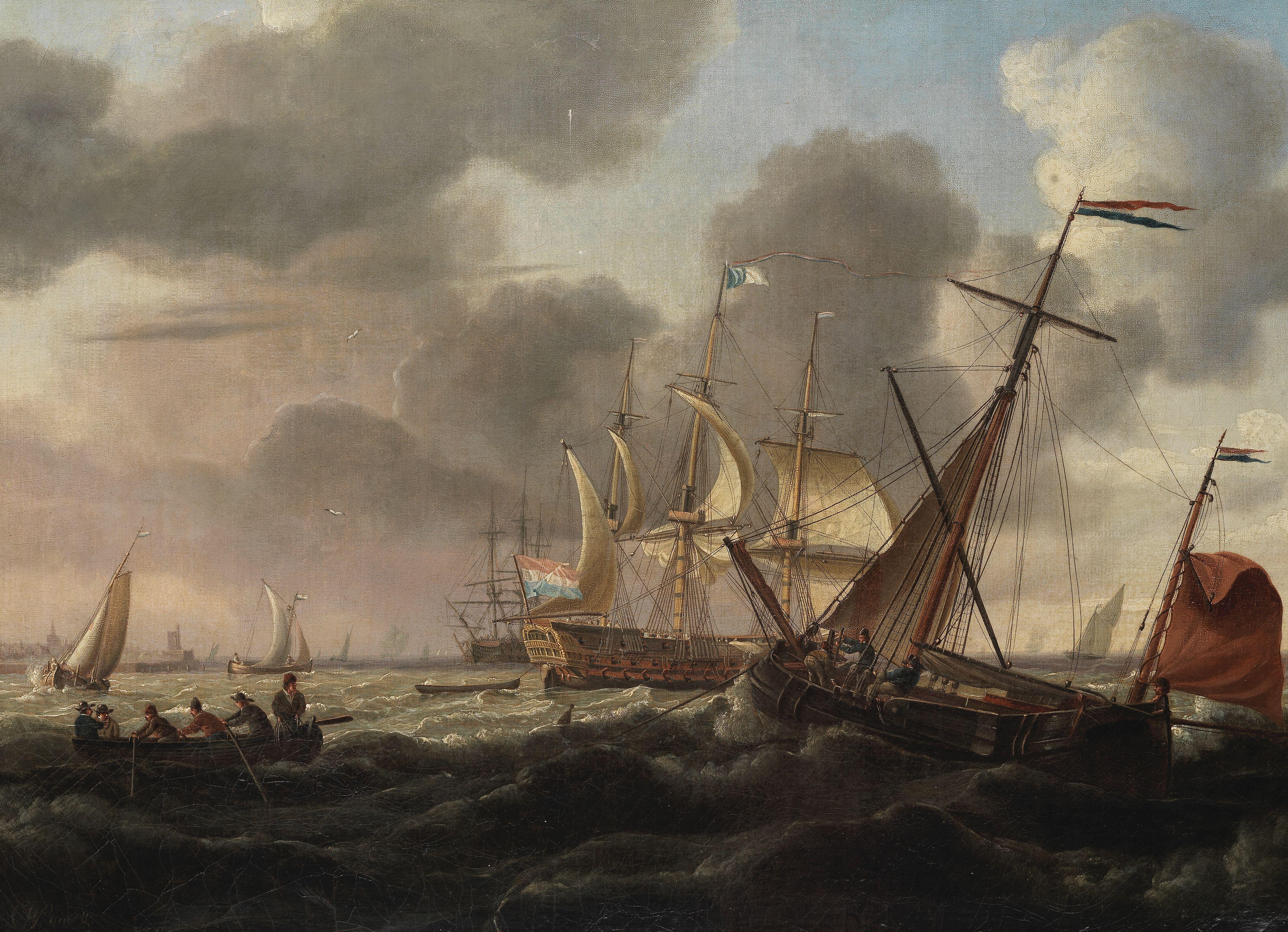 Charles Martin Powell - A busy Dutch harbour scene