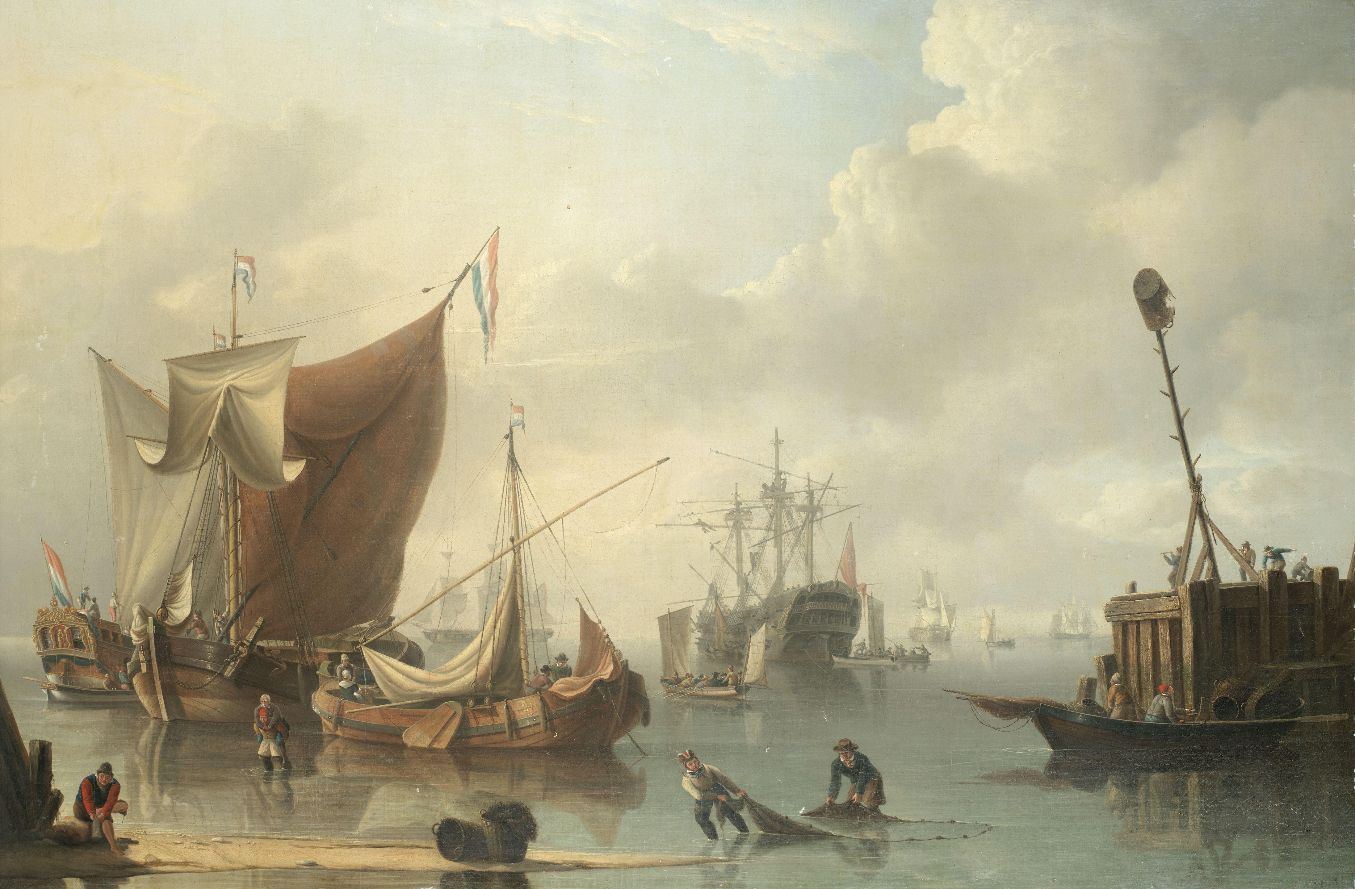Charles Martin Powell - A busy harbour scene with Dutch and British shipping