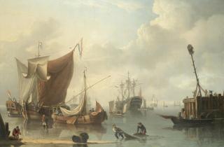 Charles Martin Powell - A busy harbour scene with Dutch and British shipping