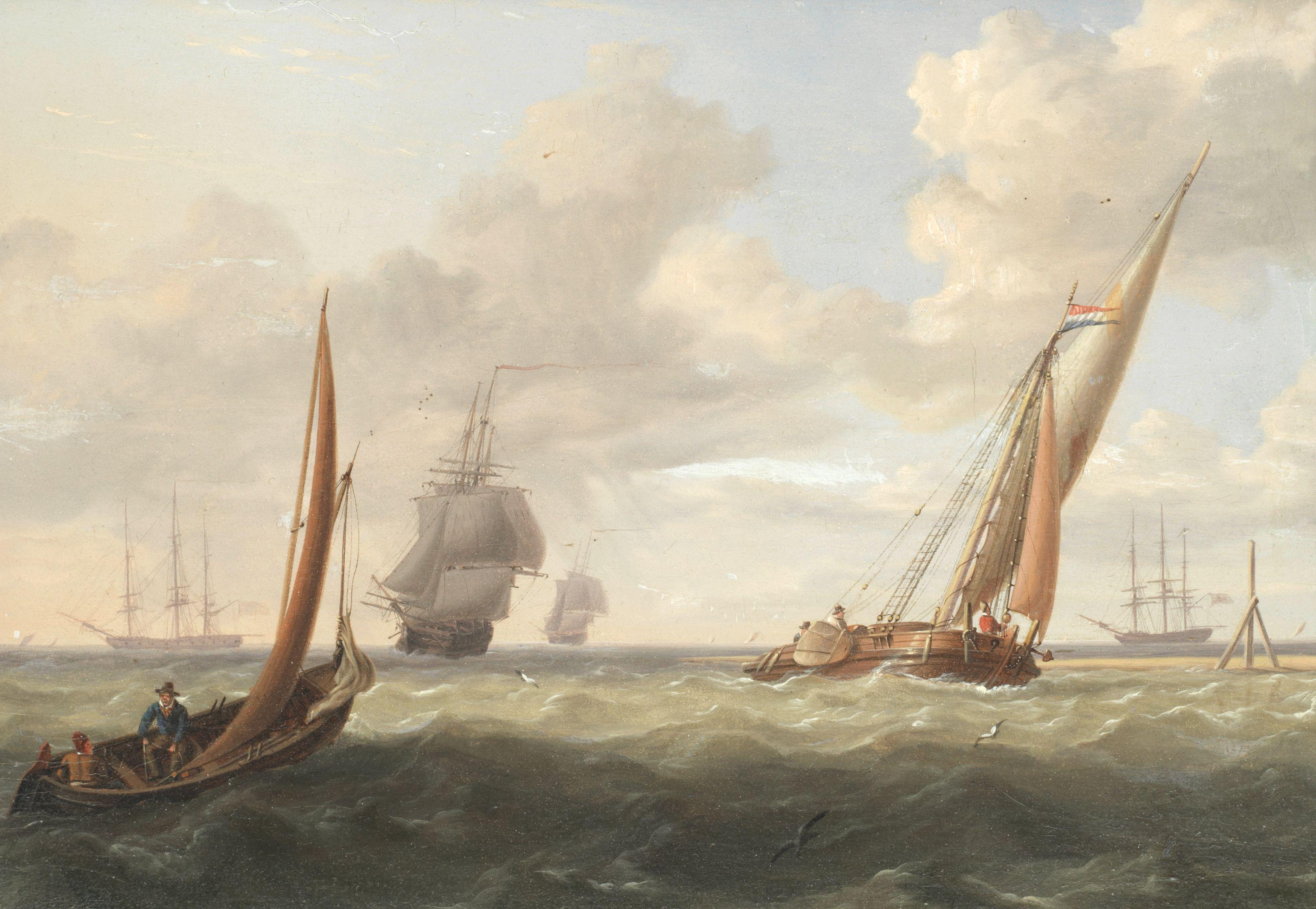 Charles Martin Powell - A Dutch Kaag With Other Shipping Off A Sand Bar