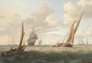 Charles Martin Powell - A Dutch Kaag With Other Shipping Off A Sand Bar