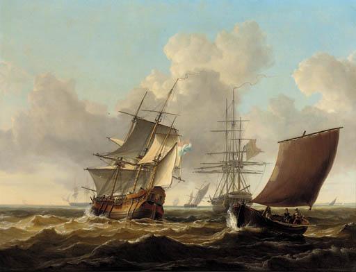 Charles Martin Powell - A Dutch Merchantman And Other Shipping Passing A British Frigate Anchored Off The Dutch Coast