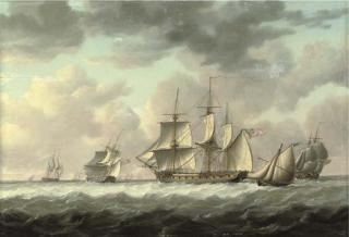 Charles Martin Powell - A Frigate Heaving-To In The Channel Amidst Other Ships of Her Squadron, With An Armed Cutter, Probably Carrying Despatches Or Fresh Orders, Running Under Her Stern And Preparing To Come Alongside