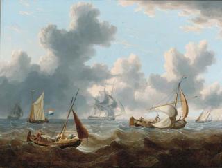 Charles Martin Powell - A frigate under reduced sail running through crowded waters