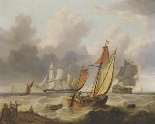 Charles Martin Powell - A large three-decker, a frigate and other shipping in a stiff breeze off the harbour mouth (illustrated); and Warships and barges in an offshore swell