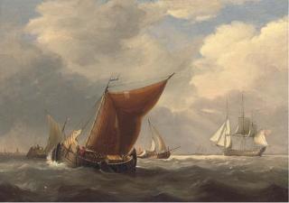 Charles Martin Powell - An English Flagship Heaving-To Off The Dutch Coast With Barges Inshore