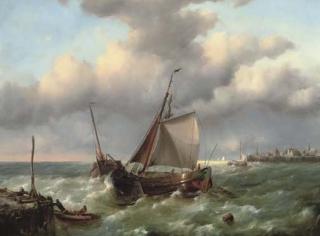 Charles Martin Powell - Barges In A Stiff Breeze At The Harbour Mouth