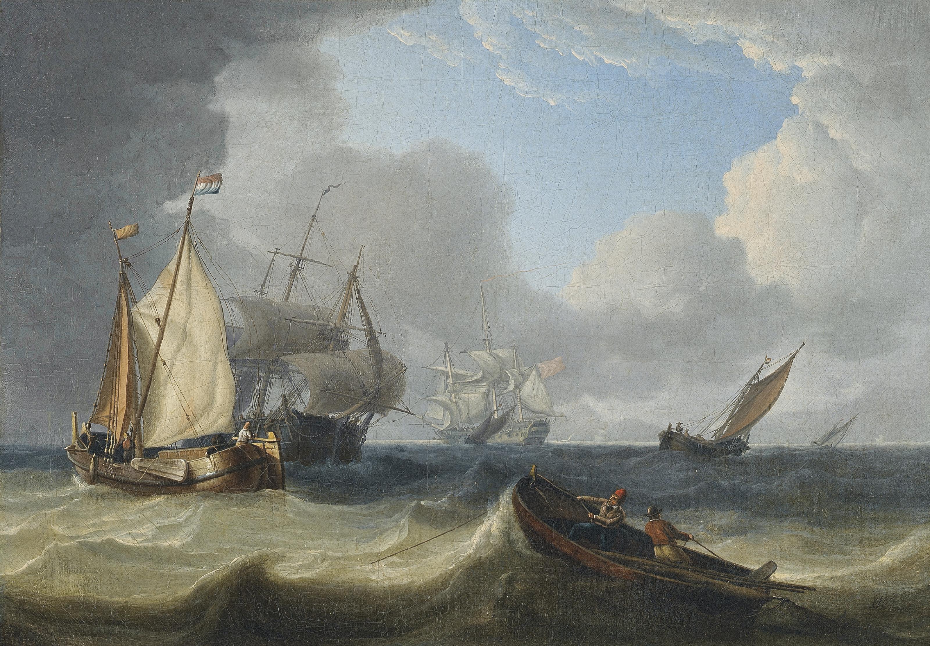 Charles Martin Powell - Dutch fishing smacks and trading vessels off the coast in a heavy swell