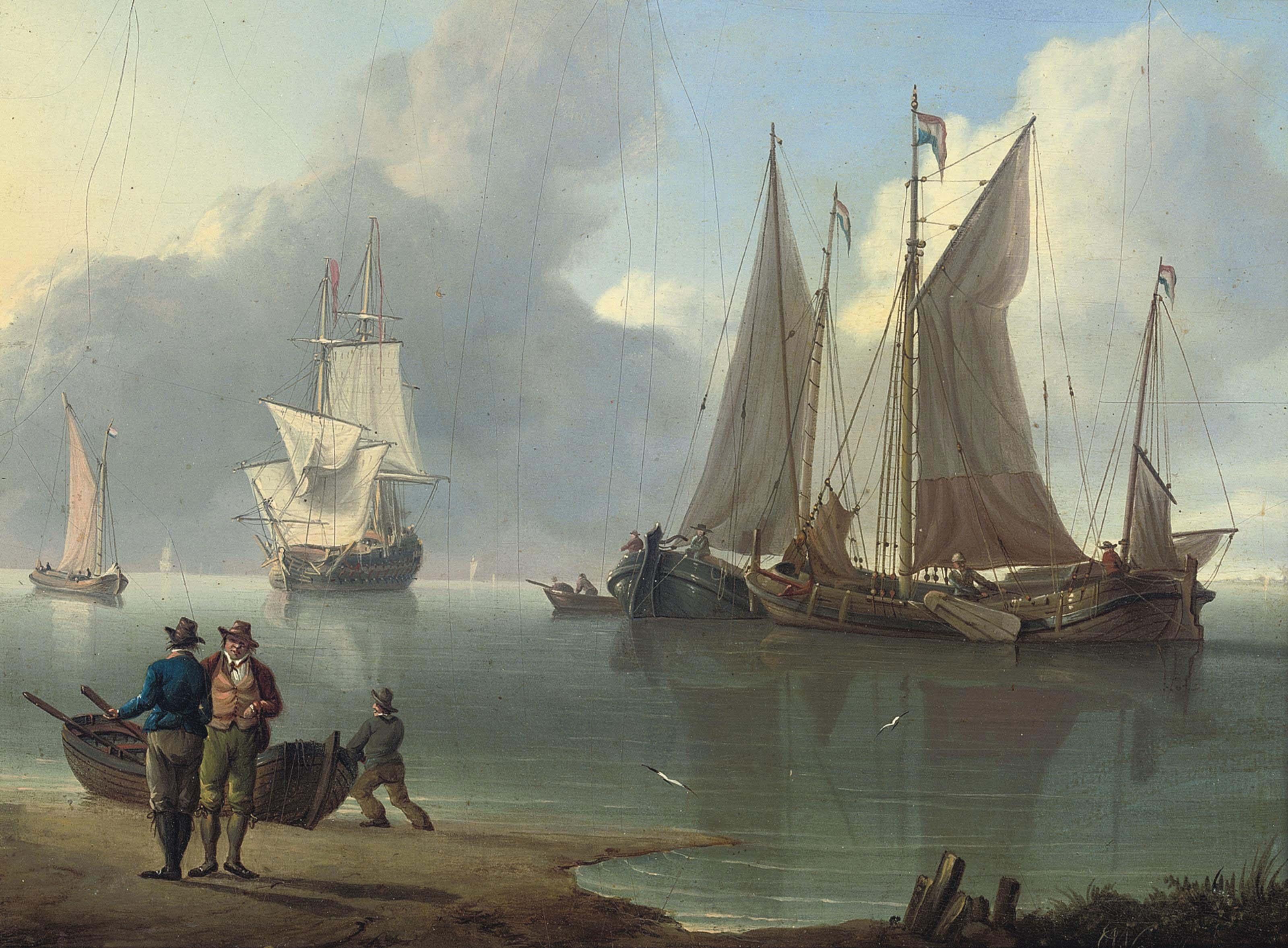 Charles Martin Powell - Dutch hoys and a warship at anchor off the Low countries