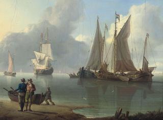 Charles Martin Powell - Dutch hoys and a warship at anchor off the Low countries