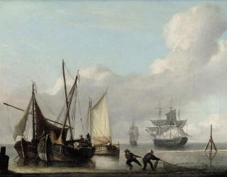 Charles Martin Powell - Low tide at the mouth of the estuary with fishermen dragging in their nets on the foreshore