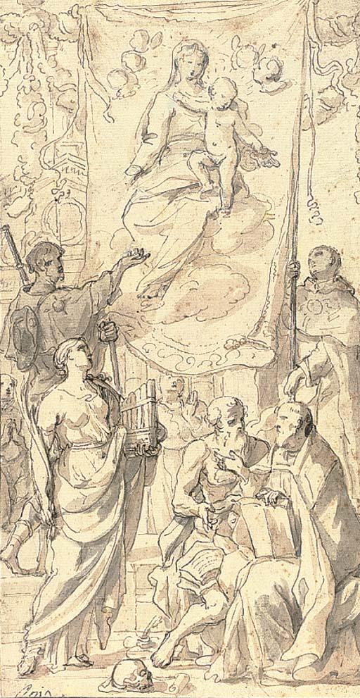 Charles Mellin - Un Moine Portant Une Bannière de la Vierge À L\'Enfant, Une Sainte Martyre Avec Saint Jérôme Et Saint Antoine Assis Au Premier Plan