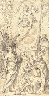 Charles Mellin - Un Moine Portant Une Bannière de la Vierge À L\'Enfant, Une Sainte Martyre Avec Saint Jérôme Et Saint Antoine Assis Au Premier Plan