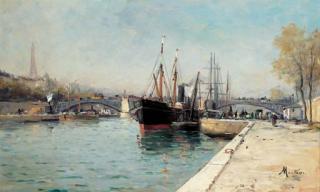 Charles Mertens - Shipping on the Seine at Le Pont d\'Alma, The Eiffel Tower beyond