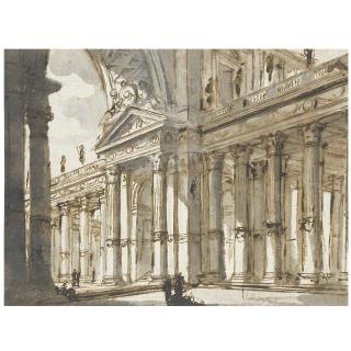 Charles Michel-Ange Challe - An Architectural Composition With An Arch And Colonnade