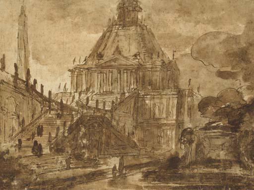 Charles-Michel-Ange Challe - Une Fantaisie Avec Un Palais Et Une Terrasse Monumentale, Un Autel Au Premier Plan