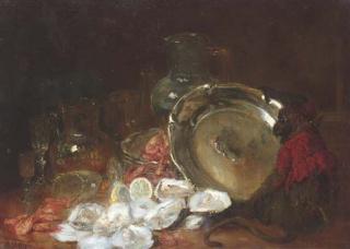 Charles Monginot - A monkey sitting by a salver, oysters and shrimps, a lemon, various glass vessels and plates on a table