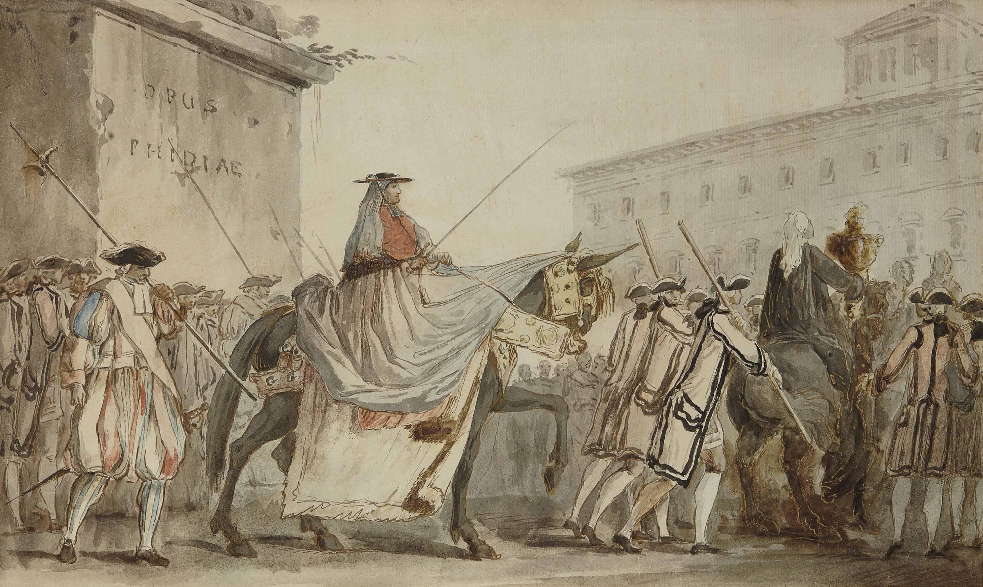 Charles Monnet - L’Entrée au Quirinal du cardinal Antonio Andrea Galli, Grand Pénitencier, durant le Carême de 1758 (recto); Esquisse du même sujet (verso)