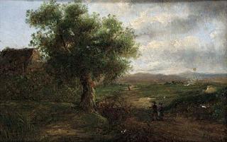 Charles Morris Snr. - Figures on a wooded track, with a cottage beyond