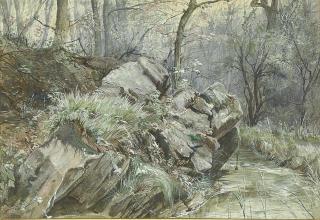 Charles Napier Hemy, R.A., R.W.S. - A kingfisher flying over a stream in a wooded landscape