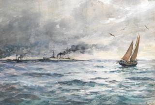 Charles Napier Hemy, RA RWS - Naval Ships steaming past