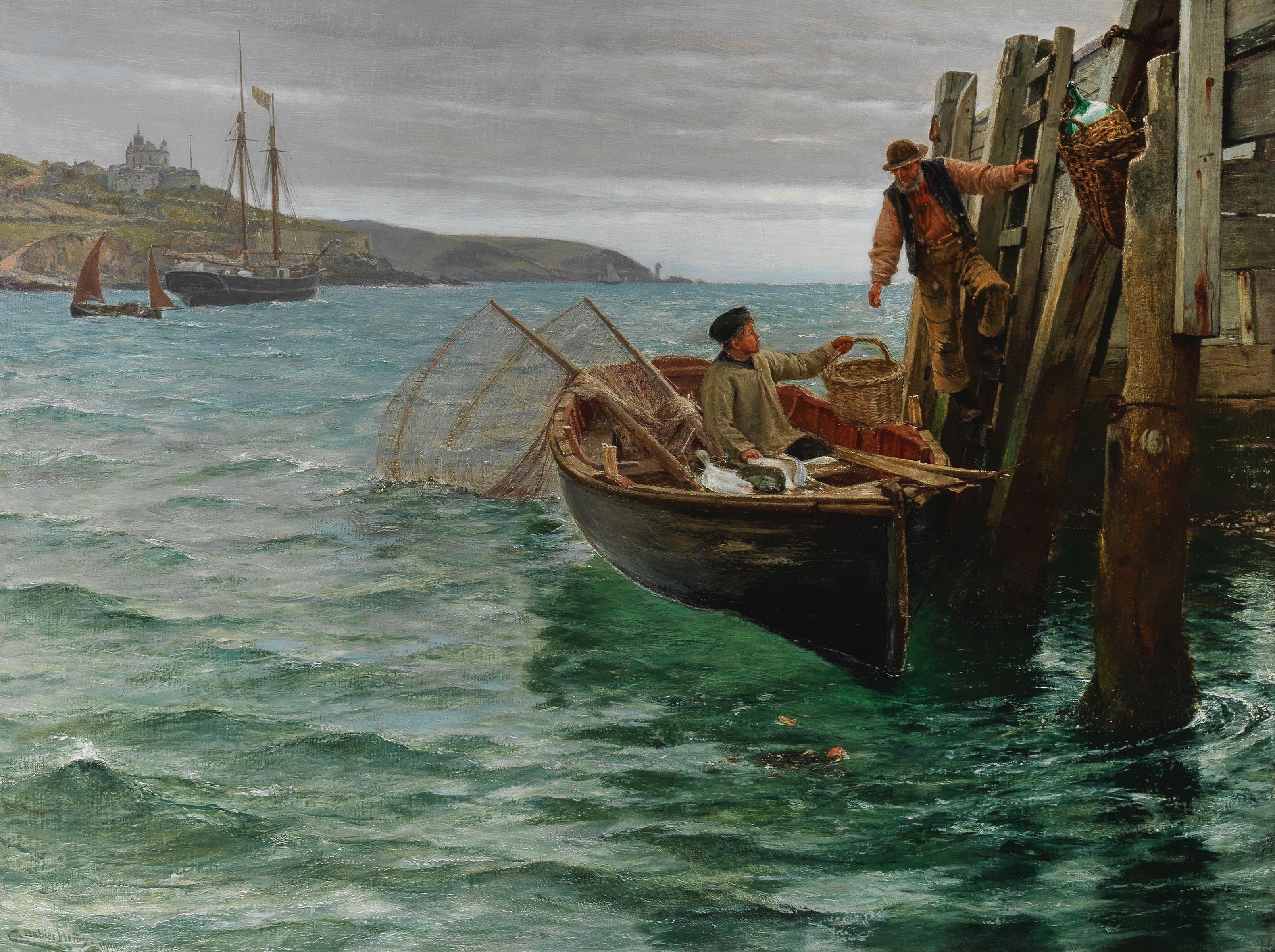 Charles Napier Hemy, RA RWS - Unloading the catch off Falmouth docks with St Mawes Castle in the distance