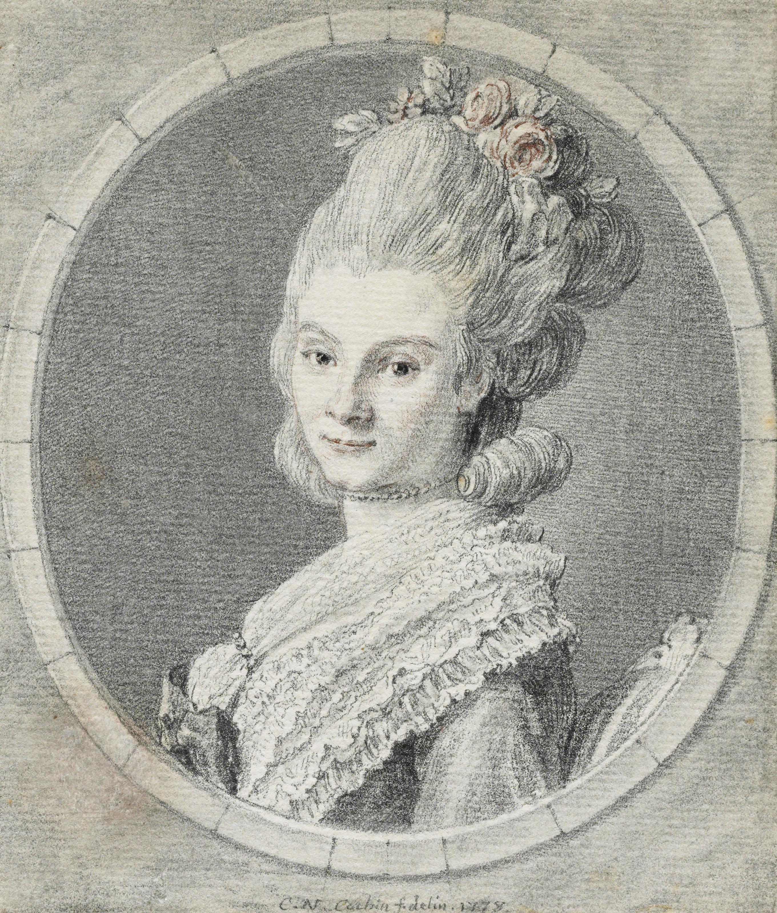 Charles-Nicolas Cochin The Younger - Portrait of an elegant young woman, at bust-length, with roses in her hair