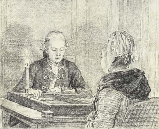 Charles-Nicolas Cochin - A seated couple playing backgammon by candlelight