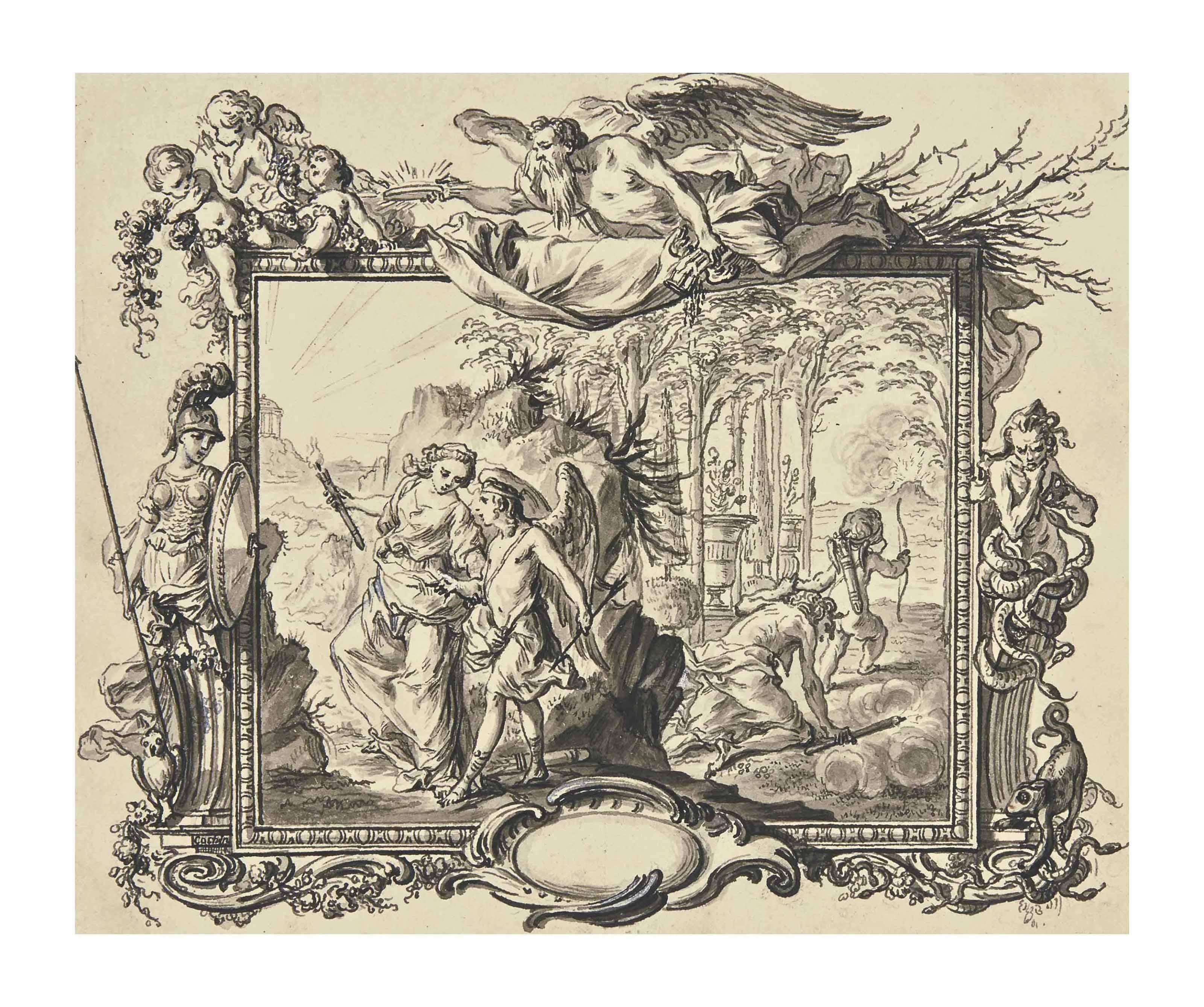 Charles-Nicolas Cochin - Allégorie de l\'Amour : une femme avec une torche allumée conduisant un jeune homme ailé vers un temple dans un encadrement avec putti surmonté par l\'allégorie du Temps