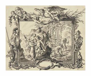 Charles-Nicolas Cochin - Allégorie de l\'Amour : une femme avec une torche allumée conduisant un jeune homme ailé vers un temple dans un encadrement avec putti surmonté par l\'allégorie du Temps