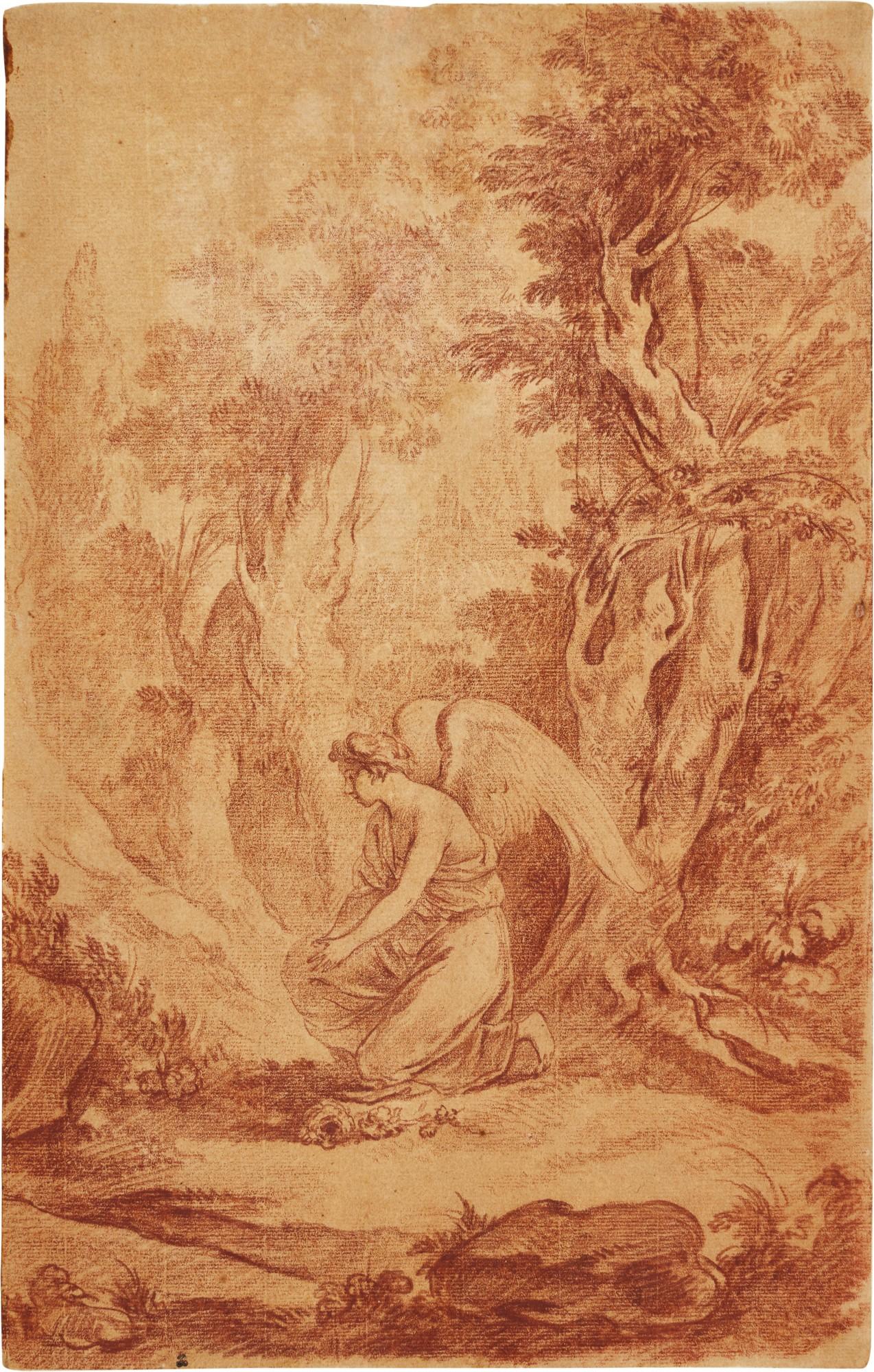 Charles-Nicolas Cochin - An Angel Kneeling In A Landscape