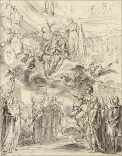 Charles-Nicolas Cochin - King Louis XIV and the Dauphin crowned by Glory and Immortality, and acclaimed from below by the Sciences, the Arts and the French People led by Minerva
