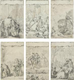 Charles-Nicolas Cochin - Suite de six dessins représentant des scènes galantes, des acteurs de théâtre ou des mucisiens