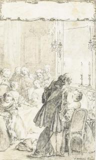 Charles-Nicolas Cochin - Un salon avec un homme vu de dos parlant à une femme assise, surmonté d\'un cartouche