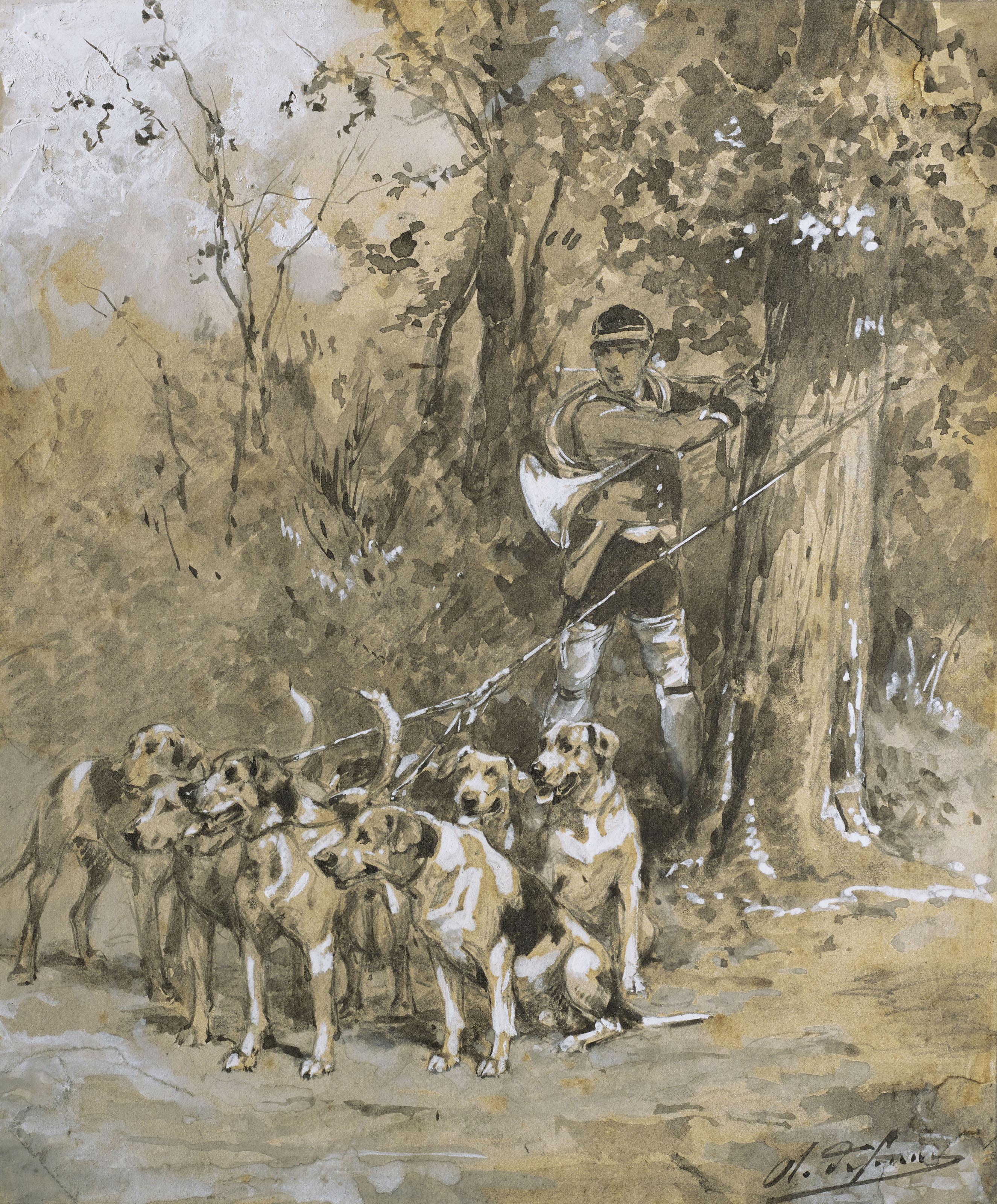 Charles-Olivier De Penne - Meute de chiens de chasse attachés au pied d\'un arbre par un chasseur