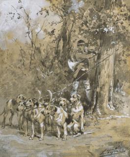 Charles-Olivier De Penne - Meute de chiens de chasse attachés au pied d\'un arbre par un chasseur