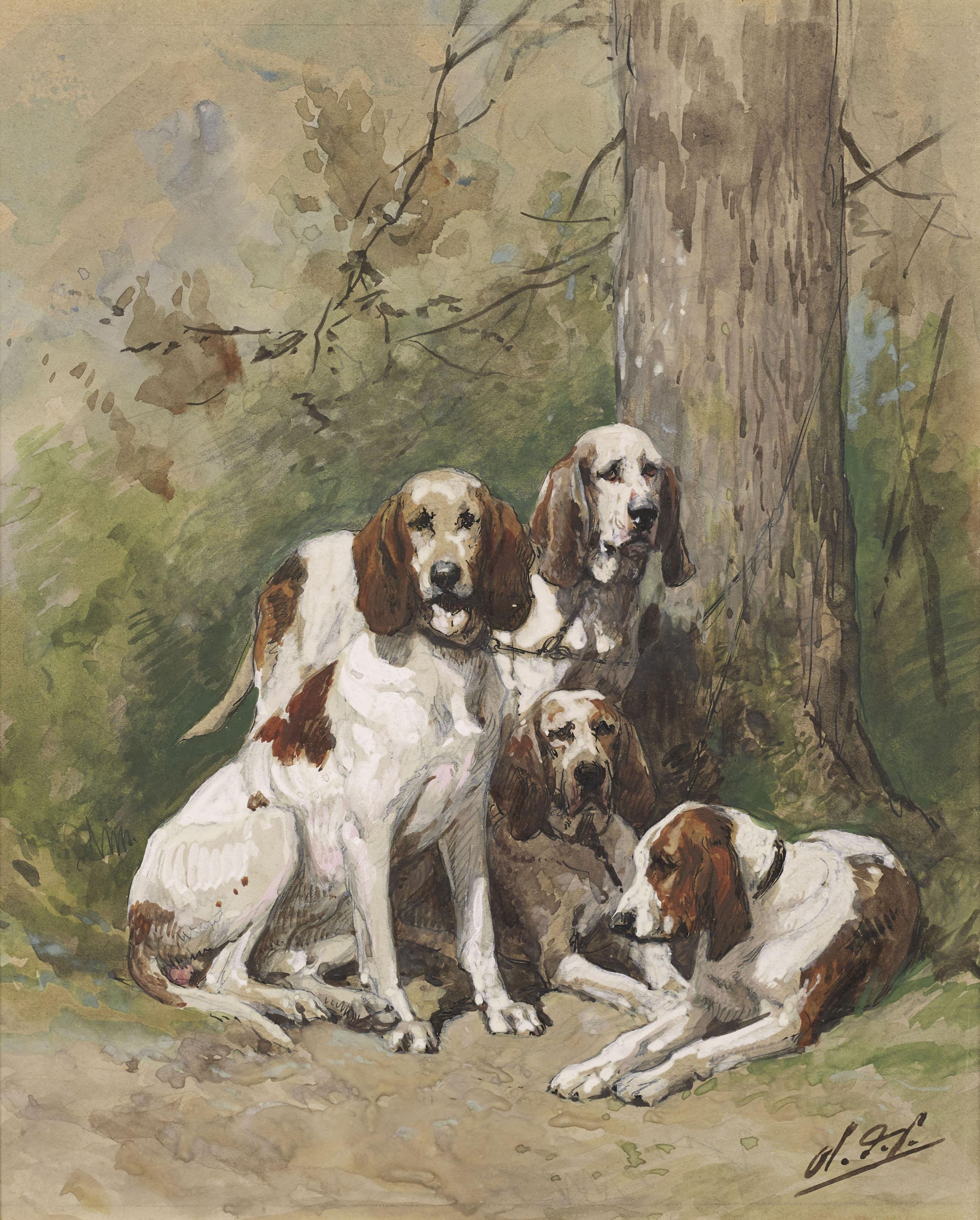 Charles-Olivier De Penne - Quatre chiens anglo-français attachés à un arbre