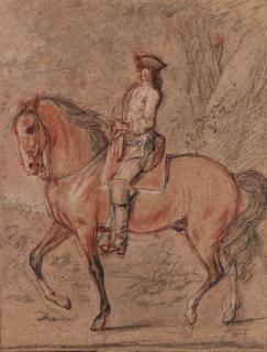 Charles Parrocel - A gentleman wearing a tricorn hat on horseback in a landscape: A study for an equestrian portrait of King Louis XV
