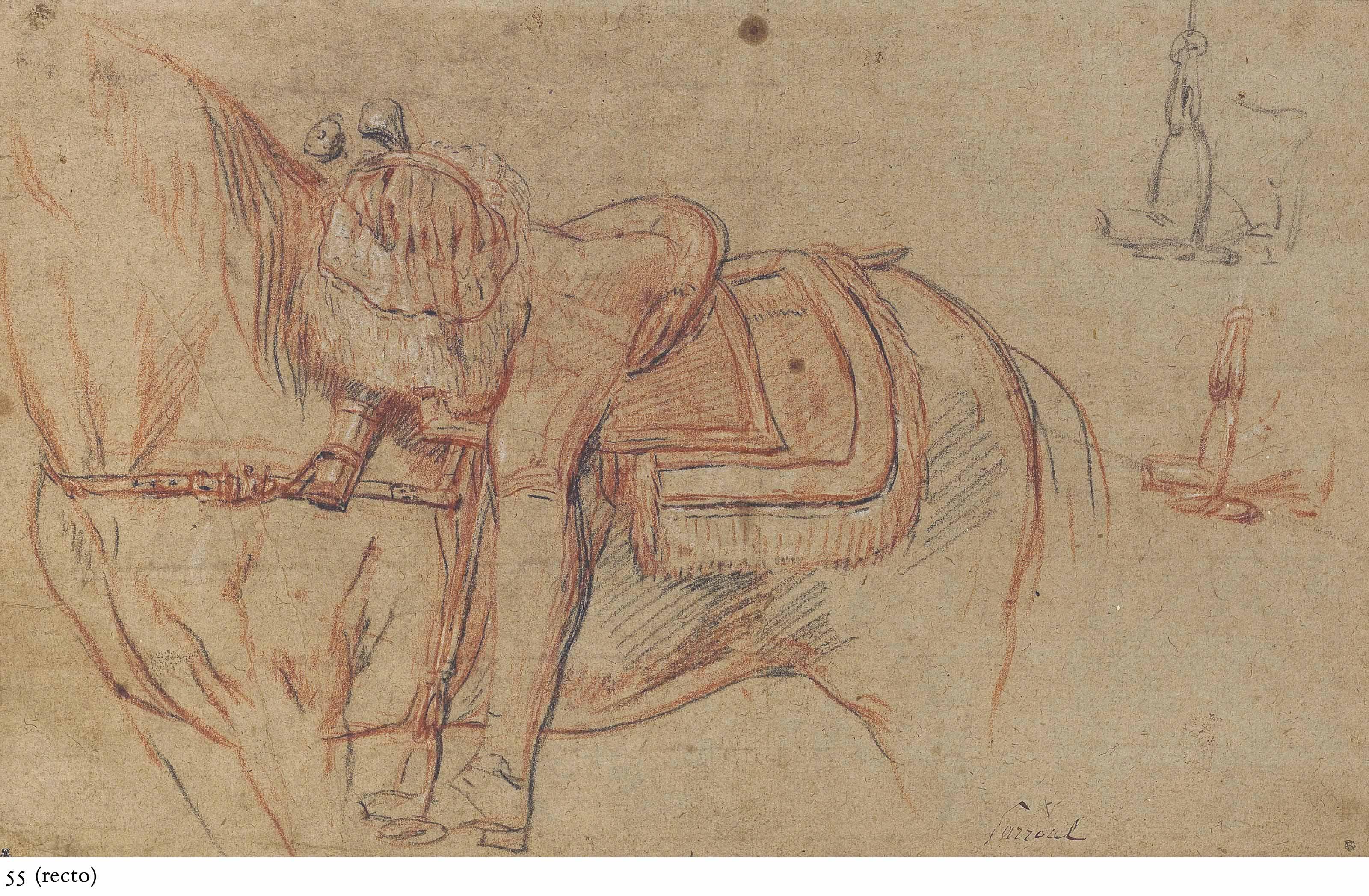 Charles Parrocel - A horse and rider, with two subsidiary studies of the stirrup (recto); Studies of a hand and outstretched arm (verso)