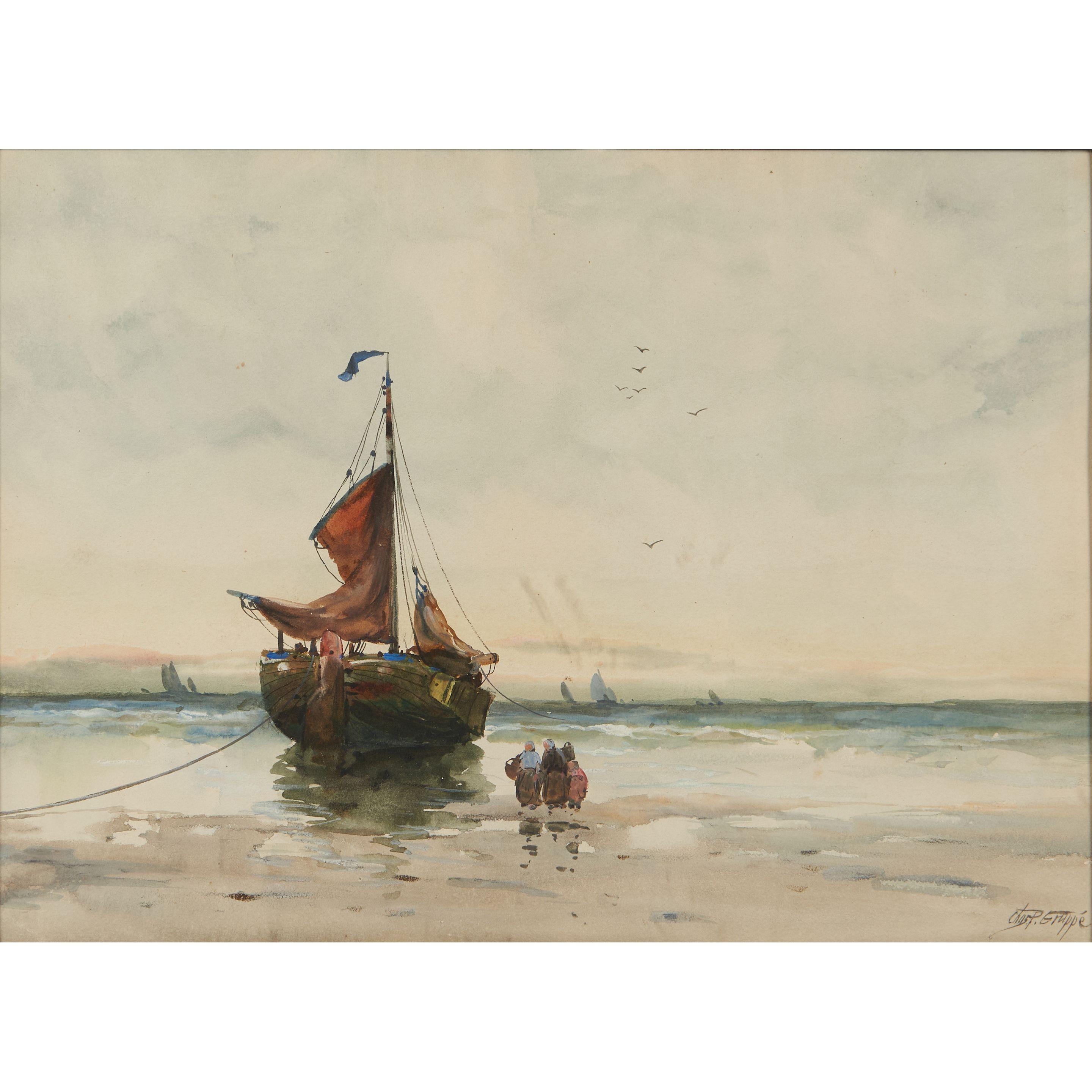 Charles Paul Gruppe - Figures and Fishing Boat at Low Tide