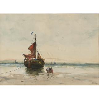 Charles Paul Gruppe - Figures and Fishing Boat at Low Tide